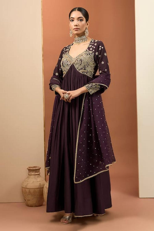 Purple Chanderi Silk Hand Embroidered Anarkali Set