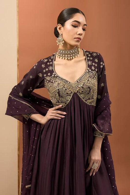Purple Chanderi Silk Hand Embroidered Anarkali Set