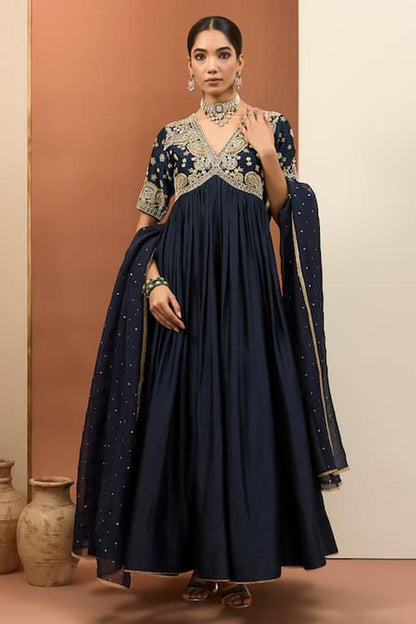 Blue Chanderi Silk Hand Embroidered Anarkali Set