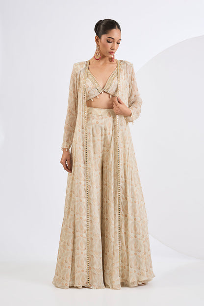 Printed Chinon Chiffon Ivory Sharara Set with Jacket and A Blouse