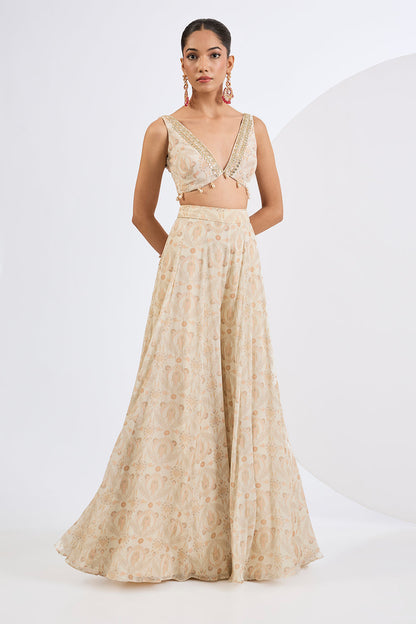 Printed Chinon Chiffon Ivory Sharara Set with Jacket and A Blouse