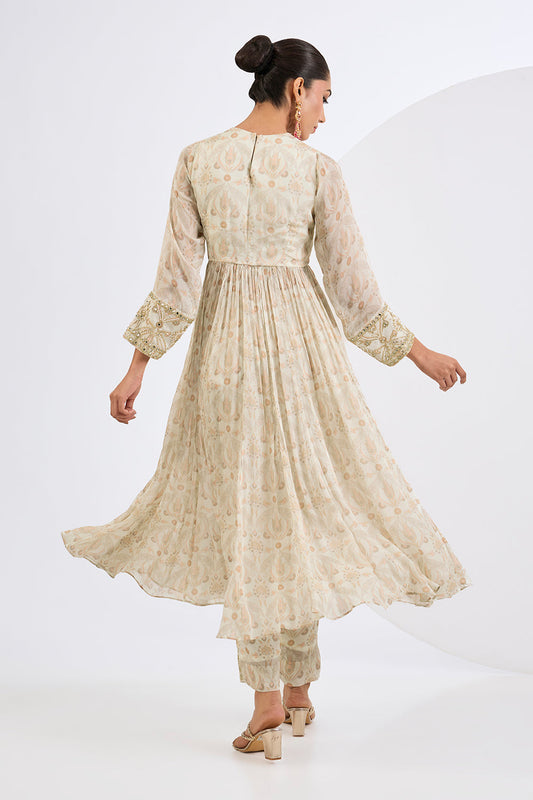 Printed Chinon Chiffon Ivory Anarkali Set with Viscose Chinon  Dupatta