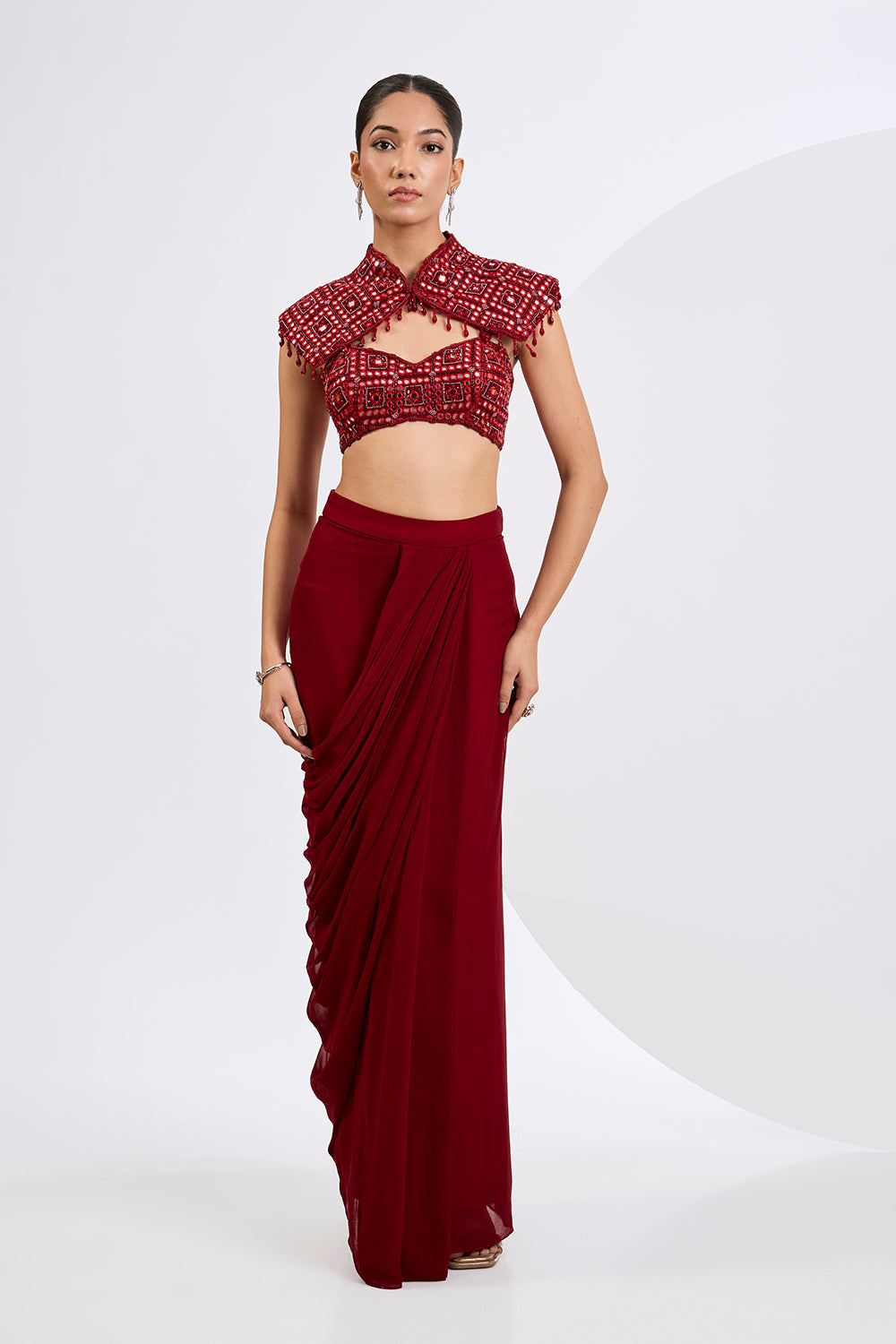 Pre Drape Skirt Set with Embroidered Cape And Blouse