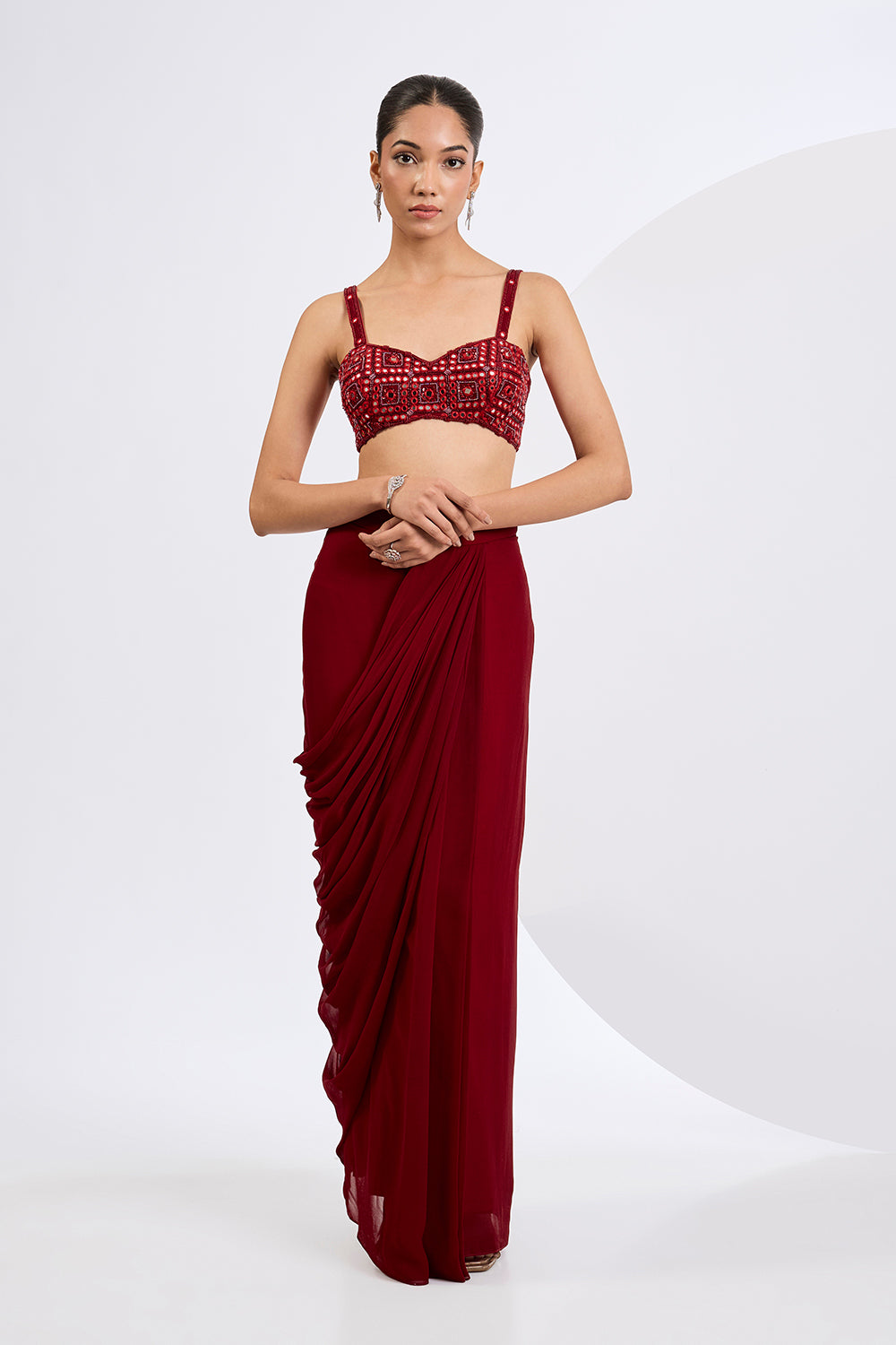 Pre Drape Skirt Set with Embroidered Cape And Blouse