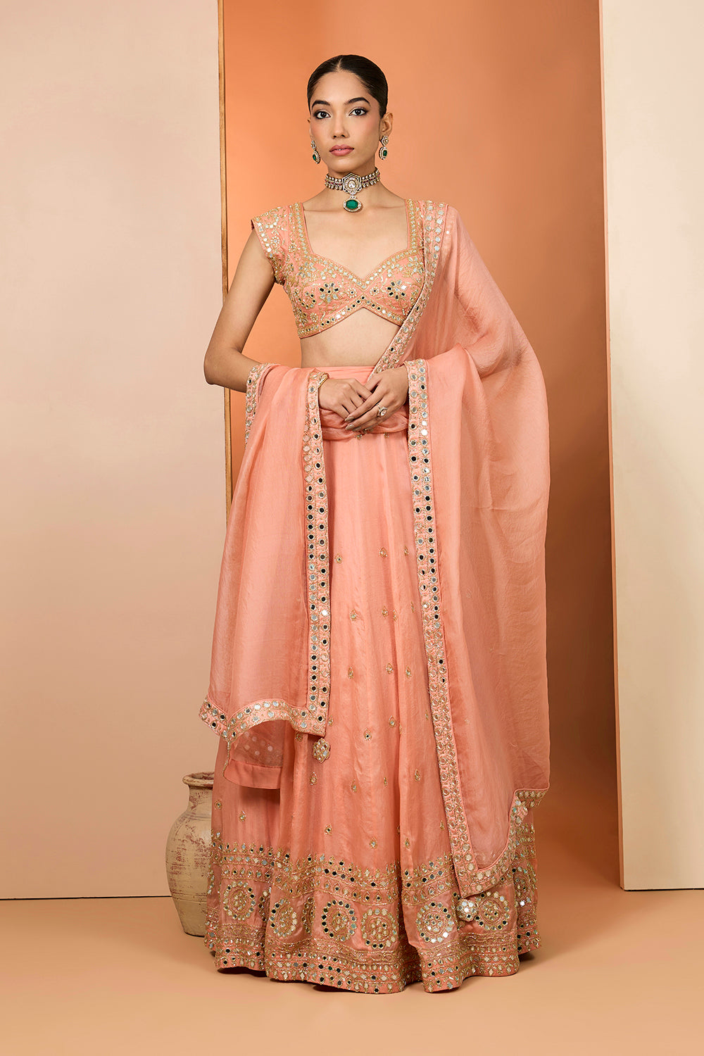 Orange Satin Organza Hand Embroidered Lehenga Set With Pure Raw Silk Blouse And Silk Organza Dupatta