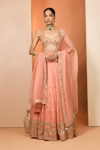 Orange Satin Organza Hand Embroidered Lehenga Set With Pure Raw Silk Blouse And Silk Organza Dupatta