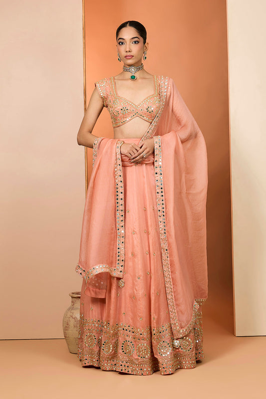 Orange Satin Organza Hand Embroidered Lehenga Set With Pure Raw Silk Blouse And Silk Organza Dupatta