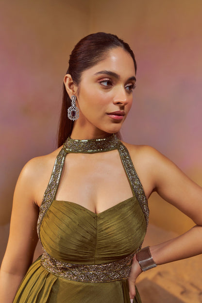 DUSTY OLIVE GREEN HALTERNECK INDOWESTERN GOWN WITH HAND EMBROIDERY