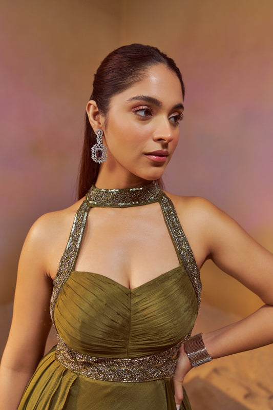 DUSTY OLIVE GREEN HALTERNECK INDOWESTERN GOWN WITH HAND EMBROIDERY