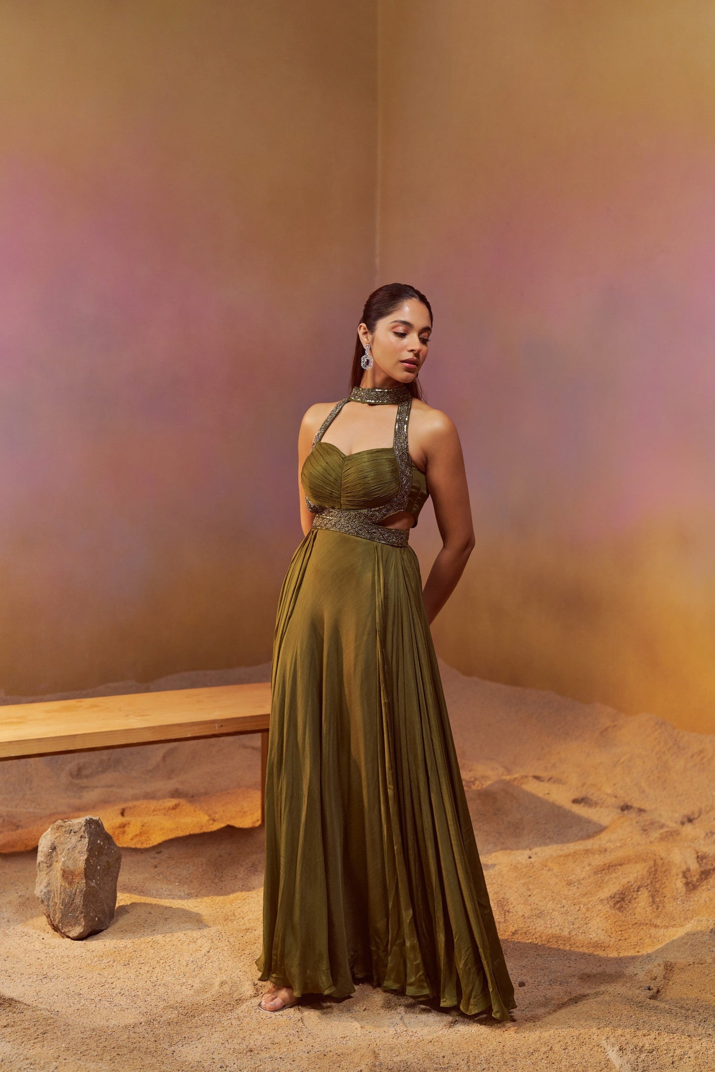 DUSTY OLIVE GREEN HALTERNECK INDOWESTERN GOWN WITH HAND EMBROIDERY