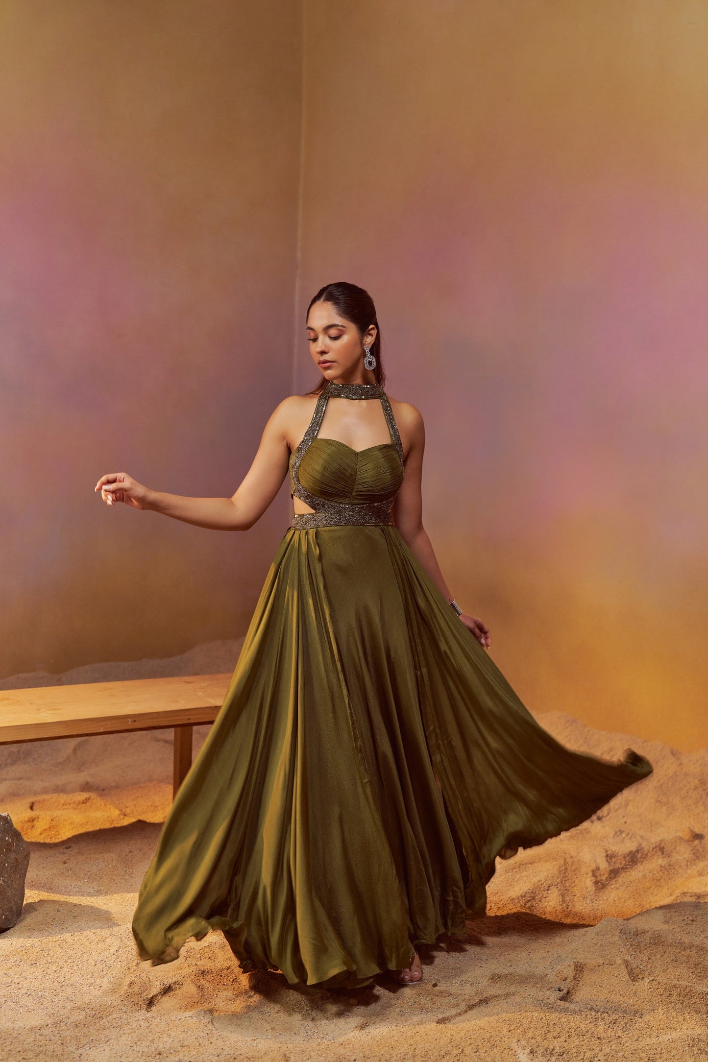 DUSTY OLIVE GREEN HALTERNECK INDOWESTERN GOWN WITH HAND EMBROIDERY