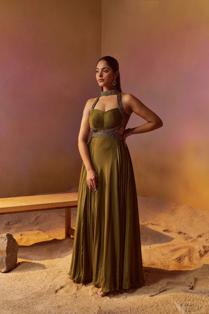 DUSTY OLIVE GREEN HALTERNECK INDOWESTERN GOWN WITH HAND EMBROIDERY