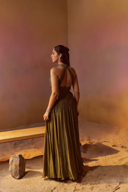 DUSTY OLIVE GREEN HALTERNECK INDOWESTERN GOWN WITH HAND EMBROIDERY
