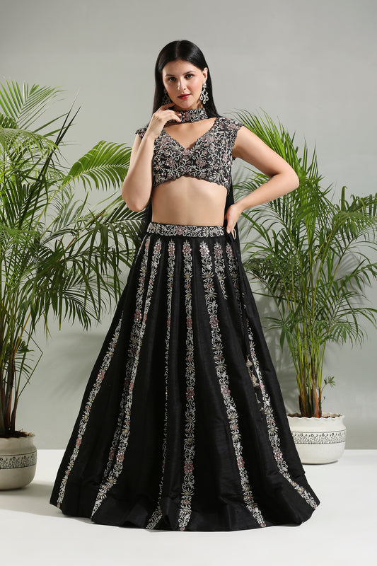 Black Thread and Mirror hand embroidered Lehenga set
