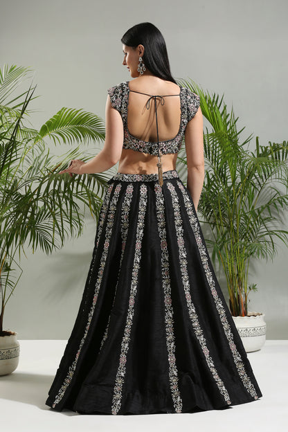 Black and Pink Thread and Mirror hand embroidered Lehenga set