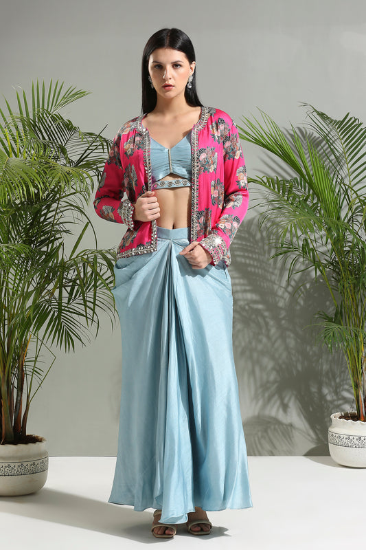 Grey top and skirt set with Fuchsia Jacket