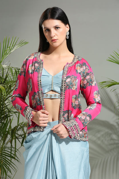 Grey top and skirt set with Fuchsia Jacket