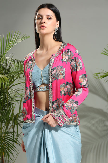 Grey top and skirt set with Fuchsia Jacket
