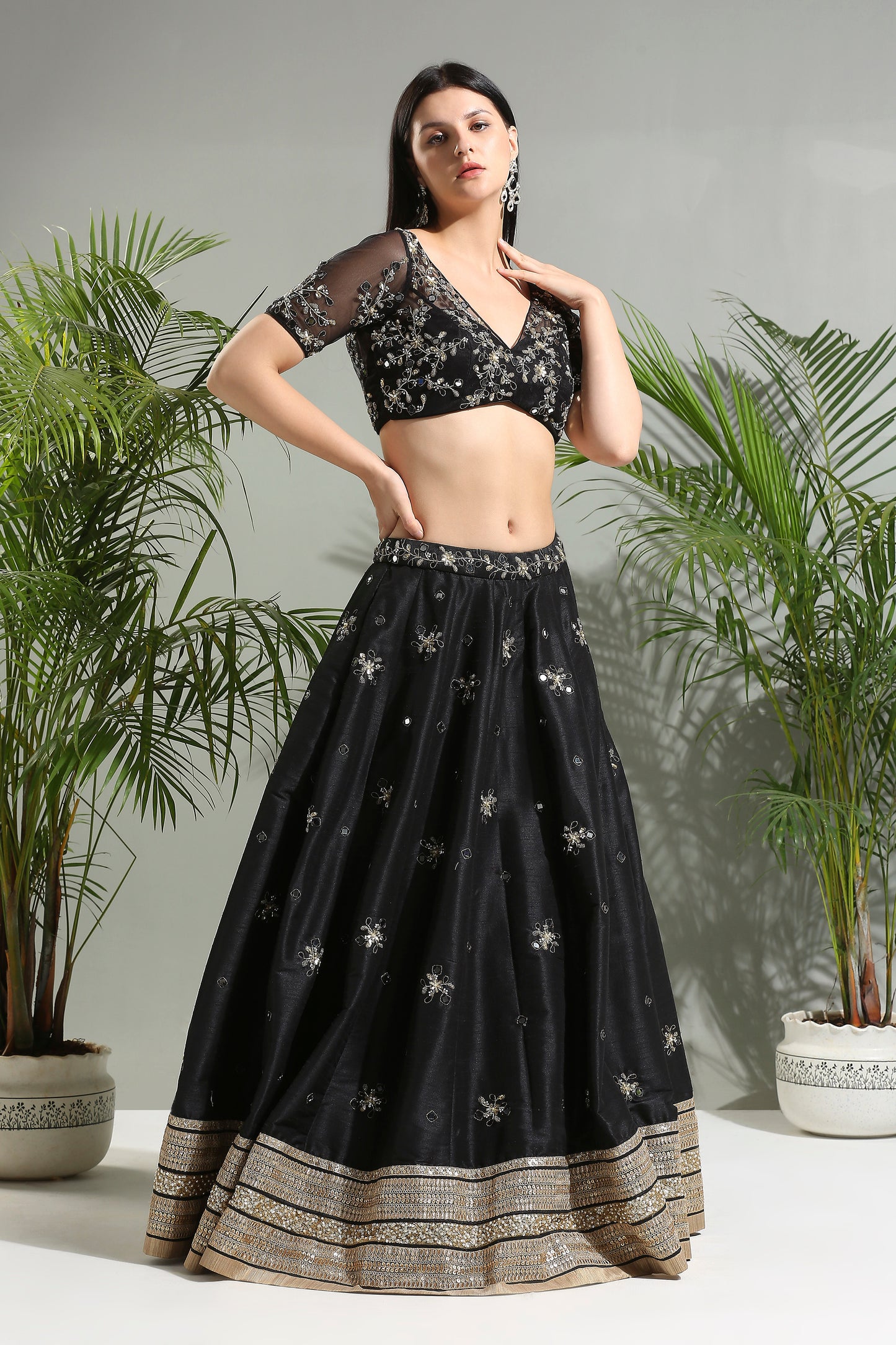 Black mirror embroidered lehenga set