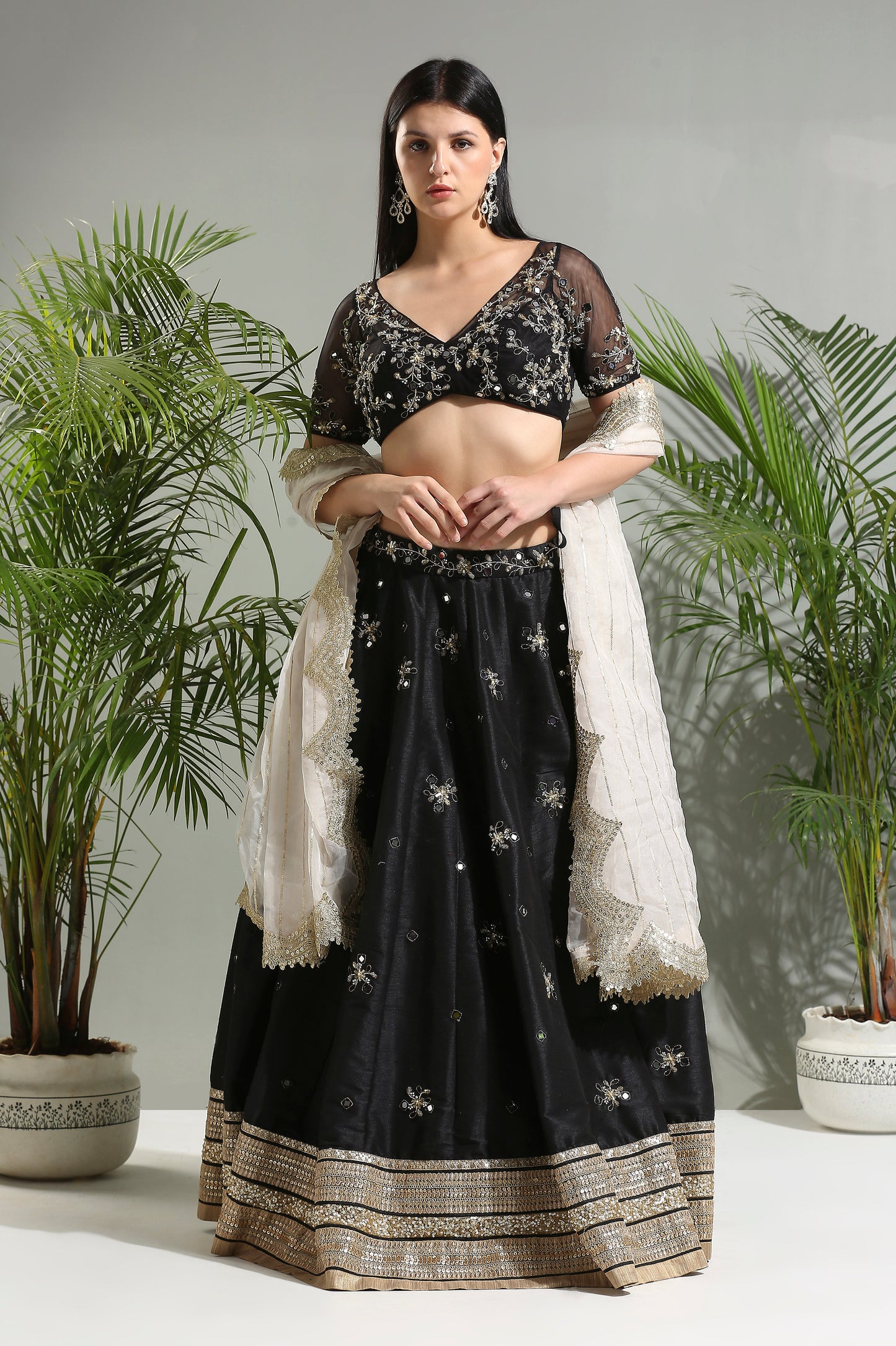 Black mirror embroidered lehenga set