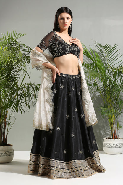 Black mirror embroidered lehenga set