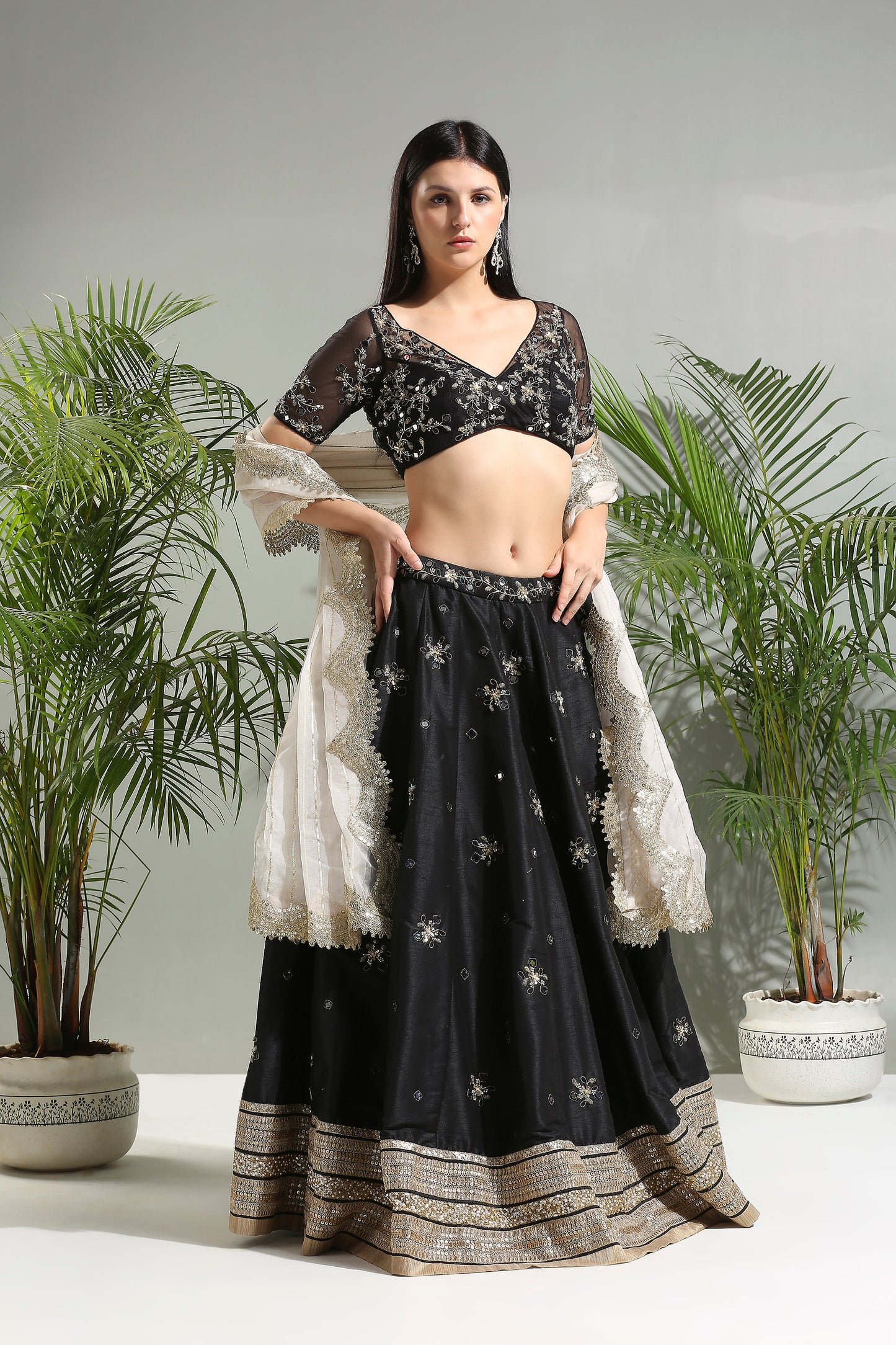 Black mirror embroidered lehenga set