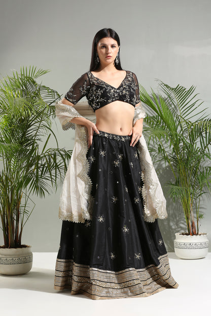 Black mirror embroidered lehenga set