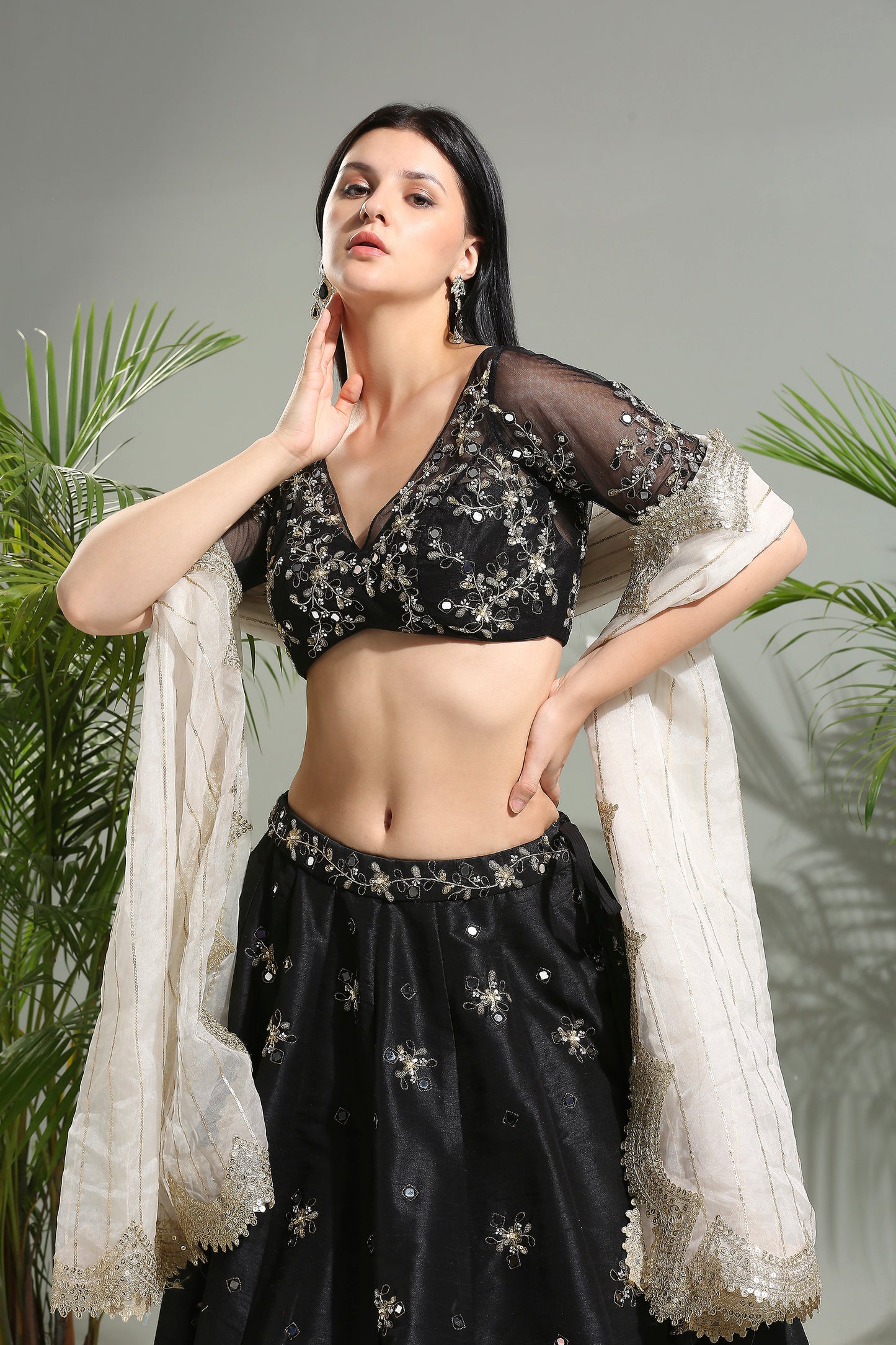 Black mirror embroidered lehenga set