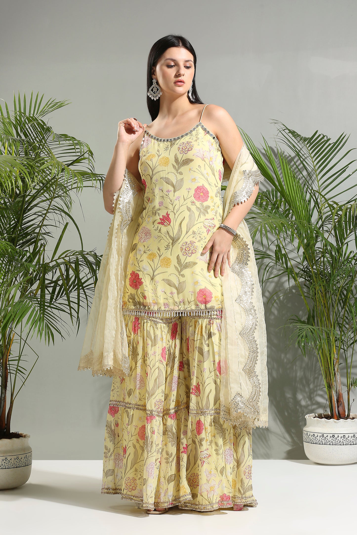 Yellow floral sharara set
