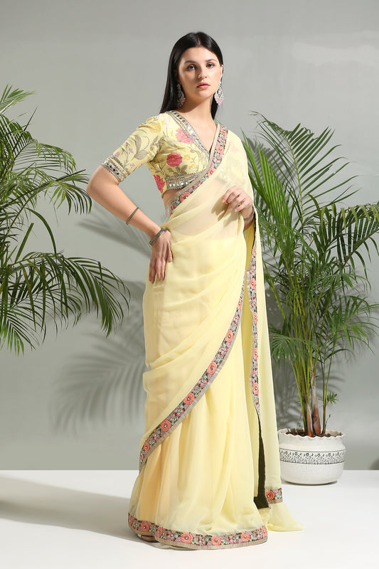 Yellow saree with floral blouse