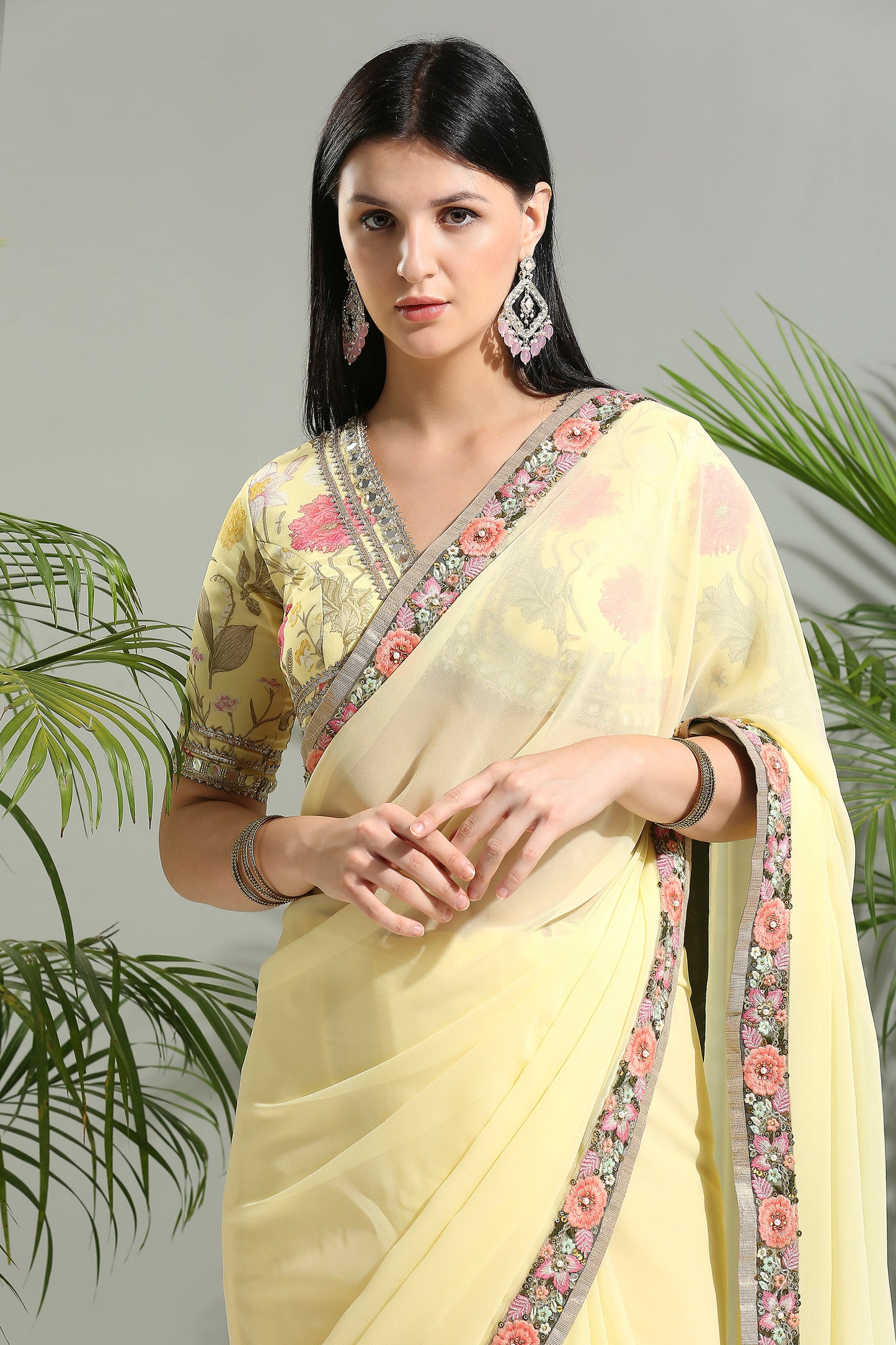 Yellow saree with floral blouse