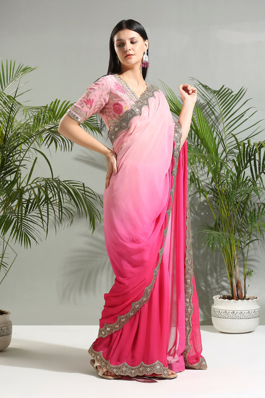 Pink shaded saree with floral blouse