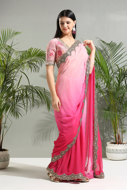 Pink shaded saree with floral blouse