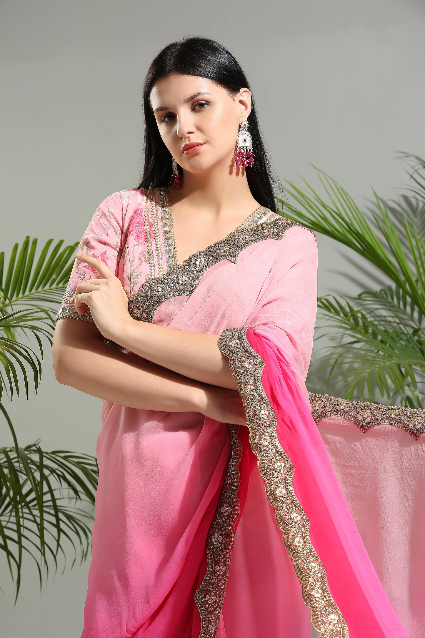 Pink shaded saree with floral blouse