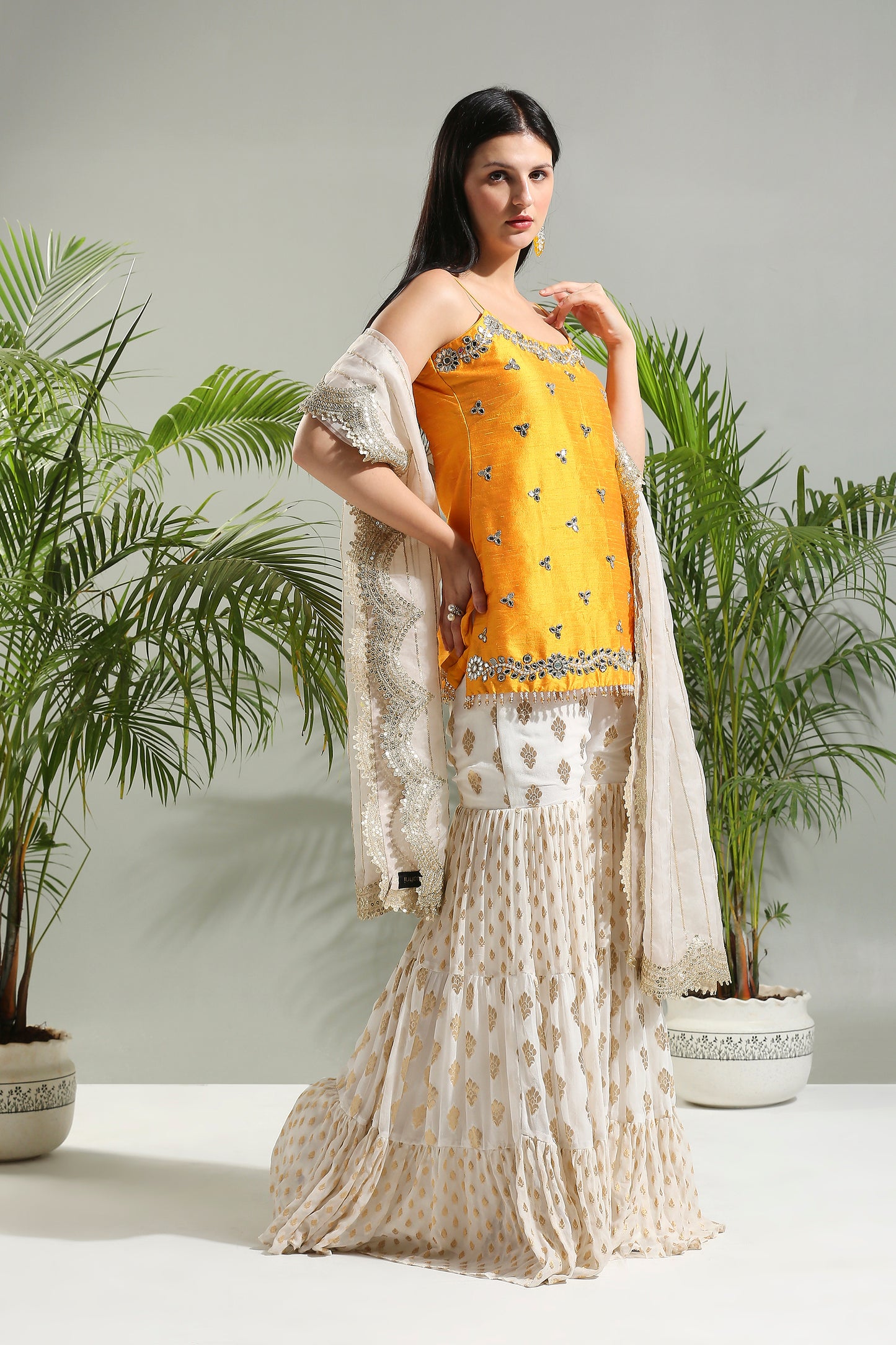 Yellow and Ivory sharara set