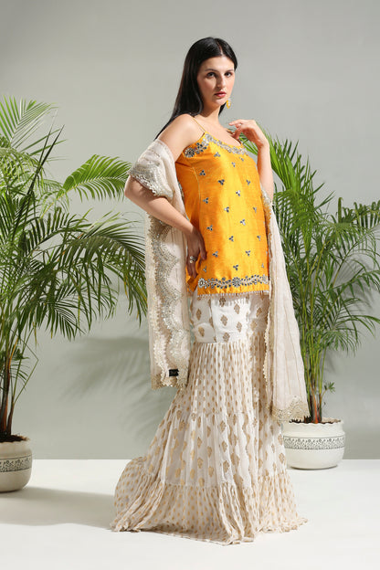 Yellow and Ivory sharara set