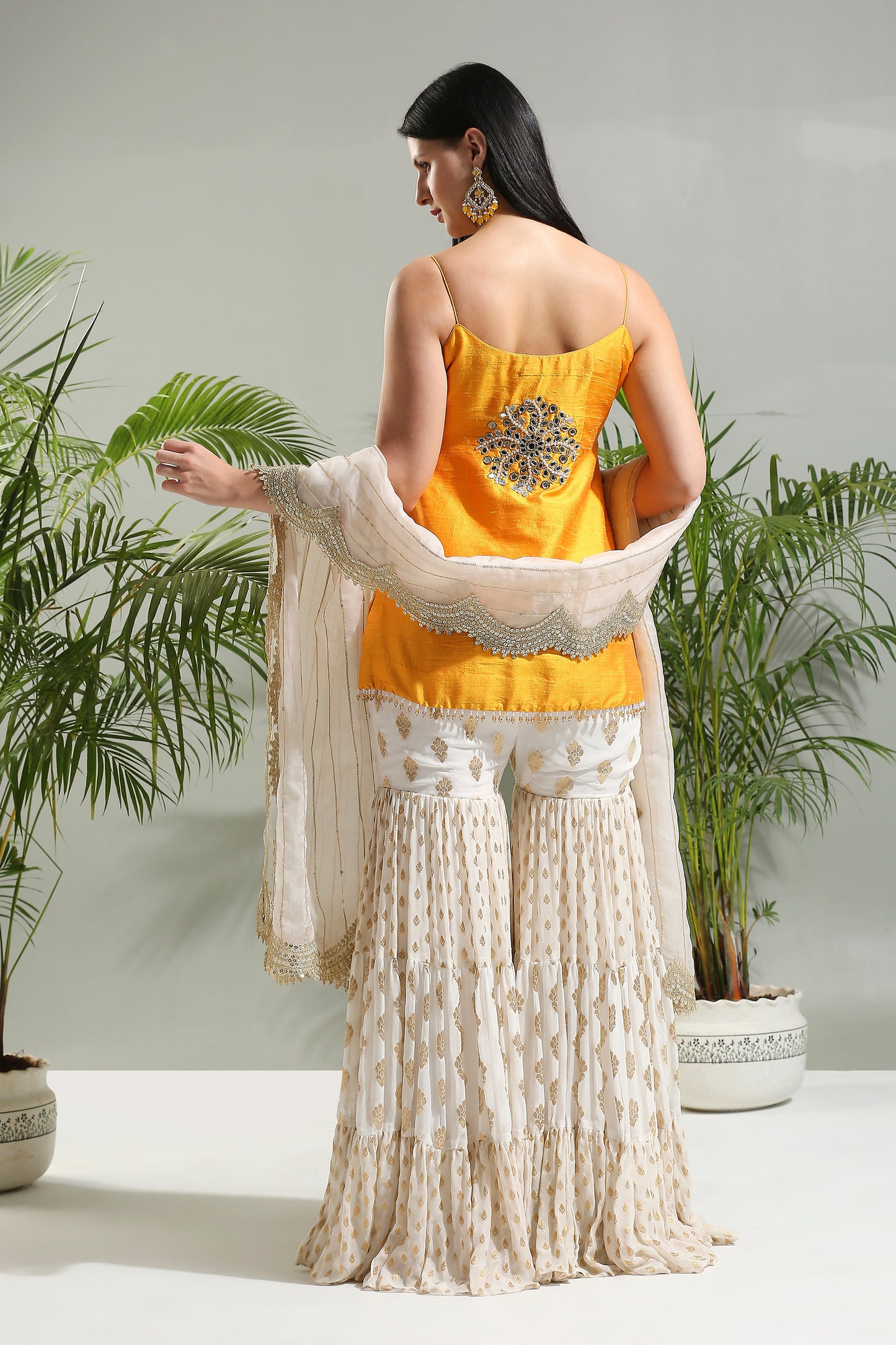 Yellow and Ivory sharara set