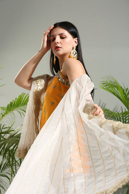 Yellow and Ivory sharara set