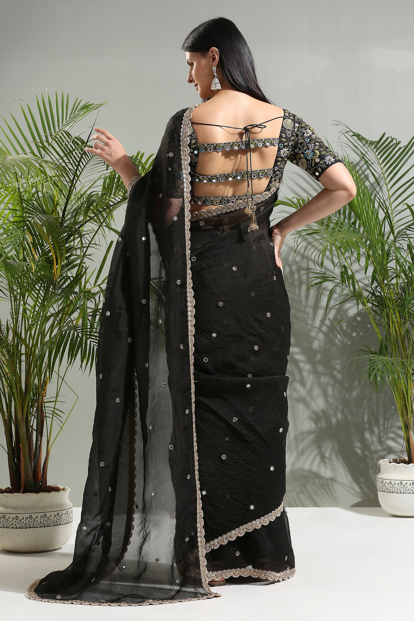 Black organza saree with embroidered blouse