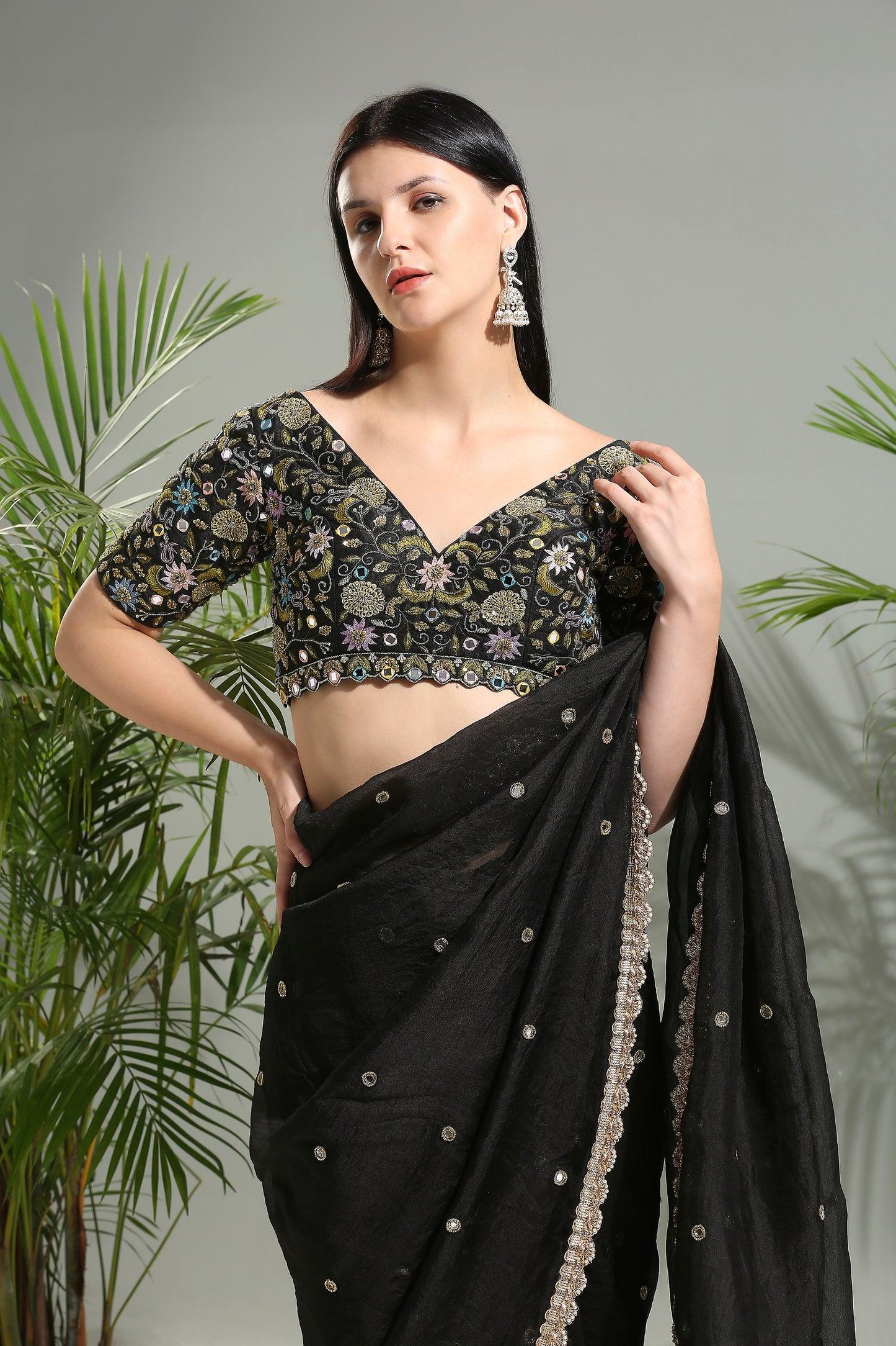 Black organza saree with embroidered blouse