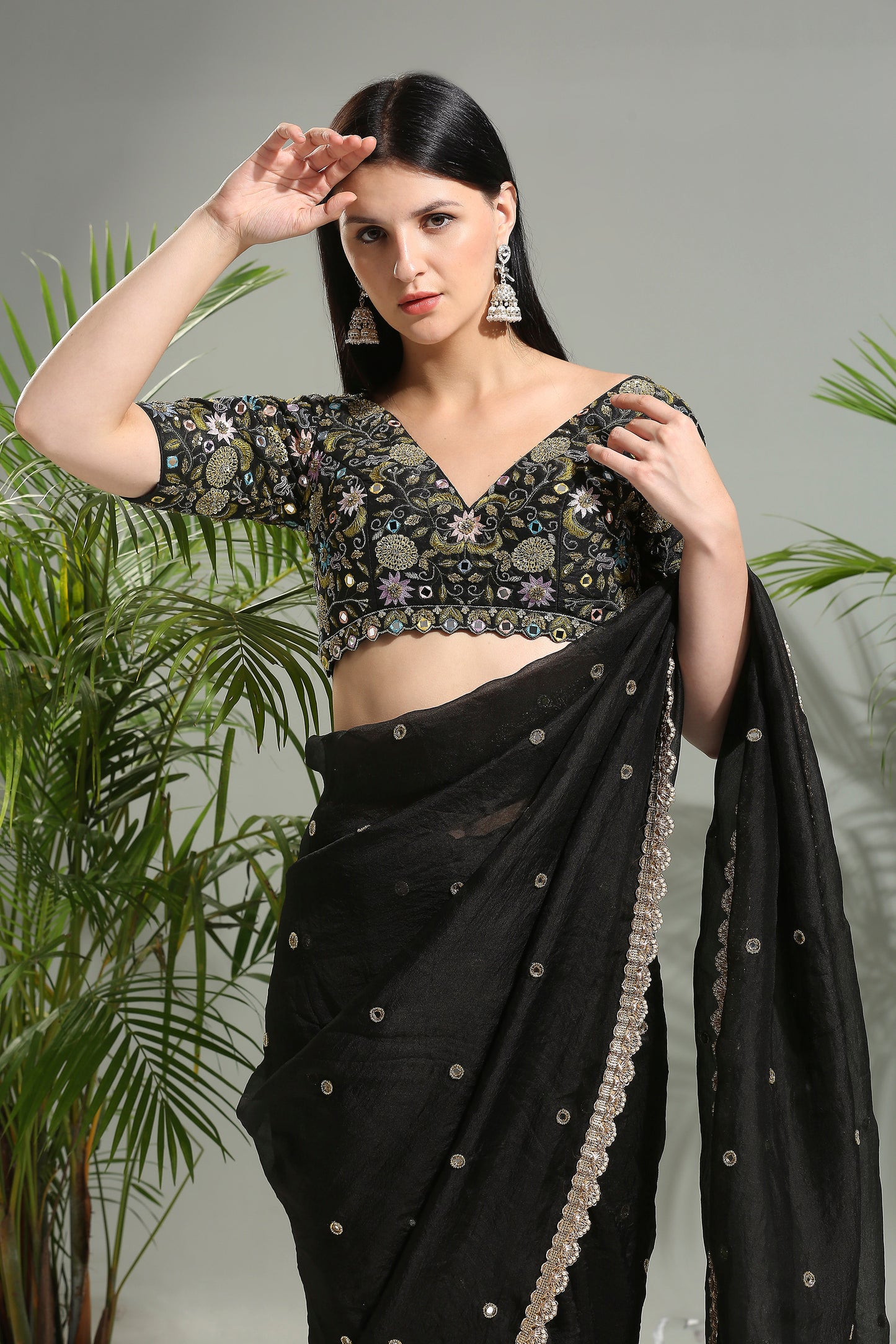 Black organza saree with embroidered blouse