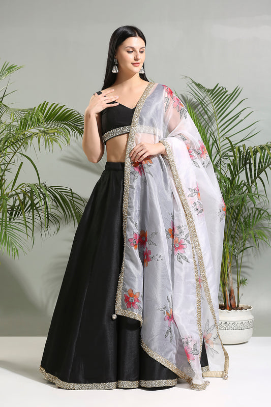 Black raw silk lehenga set with hand painted dupatta