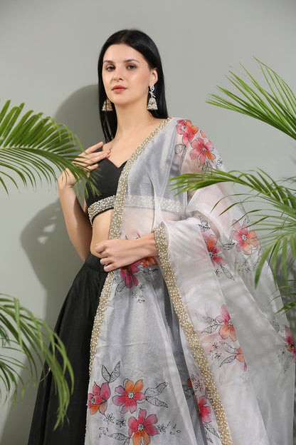 Black raw silk lehenga set with hand painted dupatta
