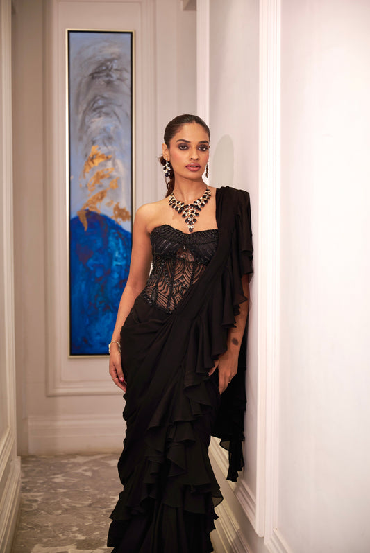 Ira Ruffle Saree and Corset Set