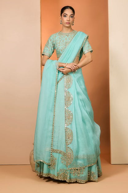 Sky Blue Tissue Silk Hand Embroidered Lehenga Set With Puresatin Silk Blouse And Silk Organza Dupatta