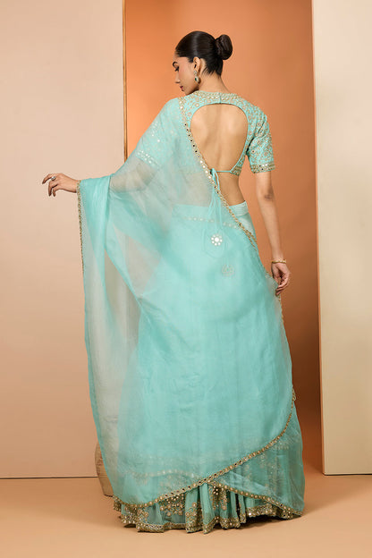 Sky Blue Tissue Silk Hand Embroidered Lehenga Set With Puresatin Silk Blouse And Silk Organza Dupatta