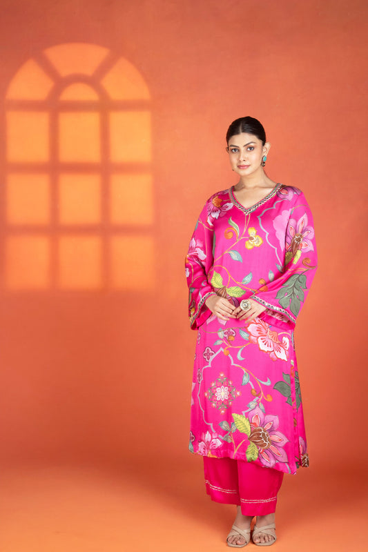 Fushia Floral Printed Kurta with Pants & Dupatta