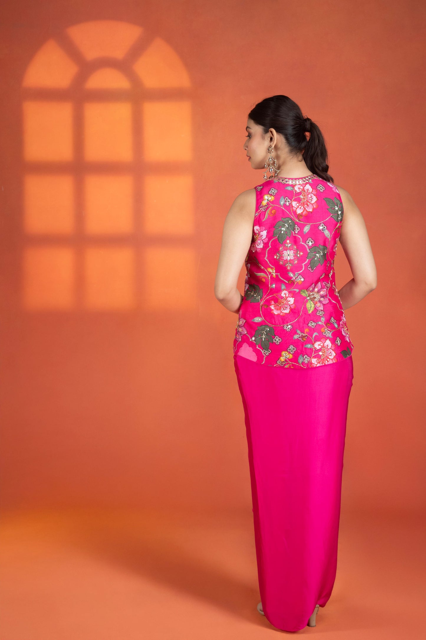 Fuchsia Floral Printed Hand-Embroidered Jacket Styled with Inner & Flowy Drape Skirt