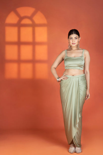 Green Floral Printed Hand-Embroidered Jacket Styled with Inner & Flowy Drape Skirt