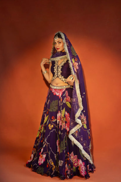 Purple floral lehenga with mirror-work waistcoat and placement dupatta